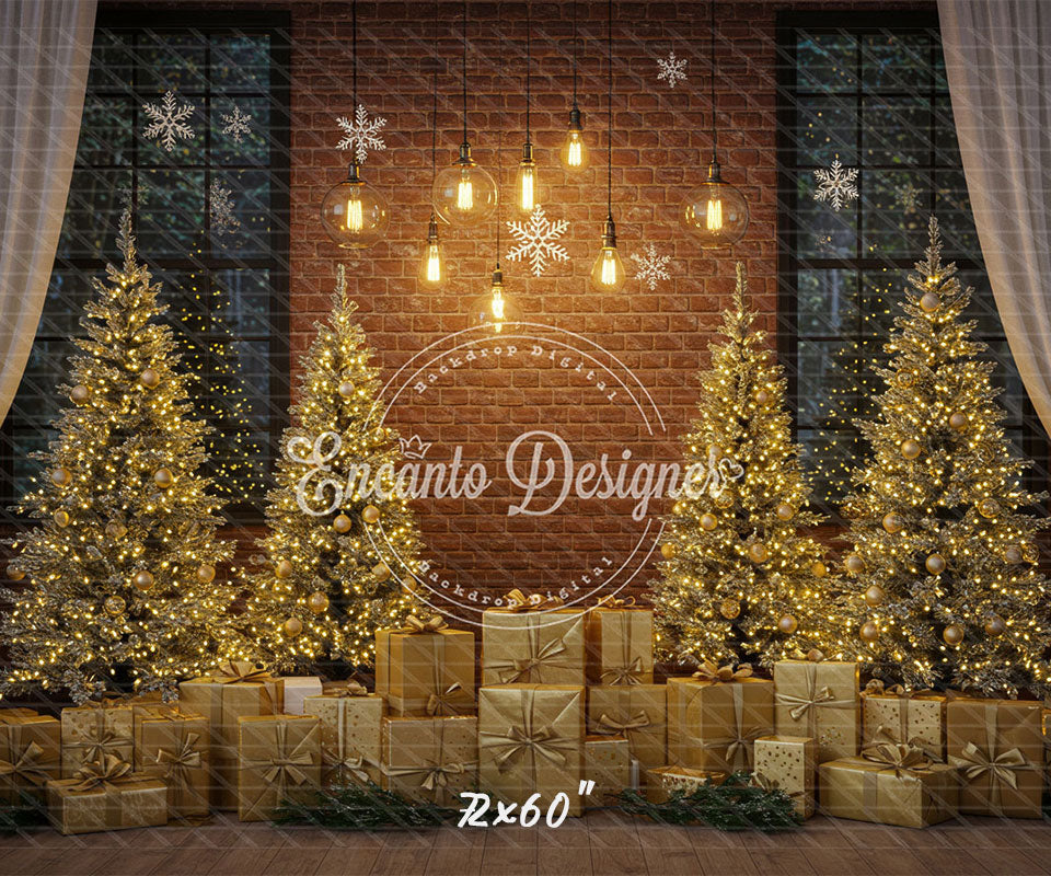 Golden Trees Gifts Brick Wall Christmas Backdrop - Layoris