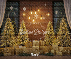 Golden Trees Gifts Brick Wall Christmas Backdrop - Layoris