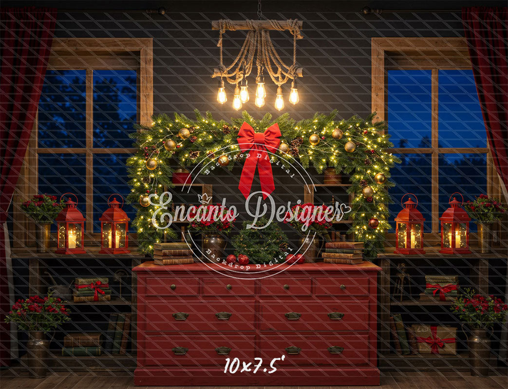 Retro Red Dressing Table Chandelier Christmas Backdrop - Layoris