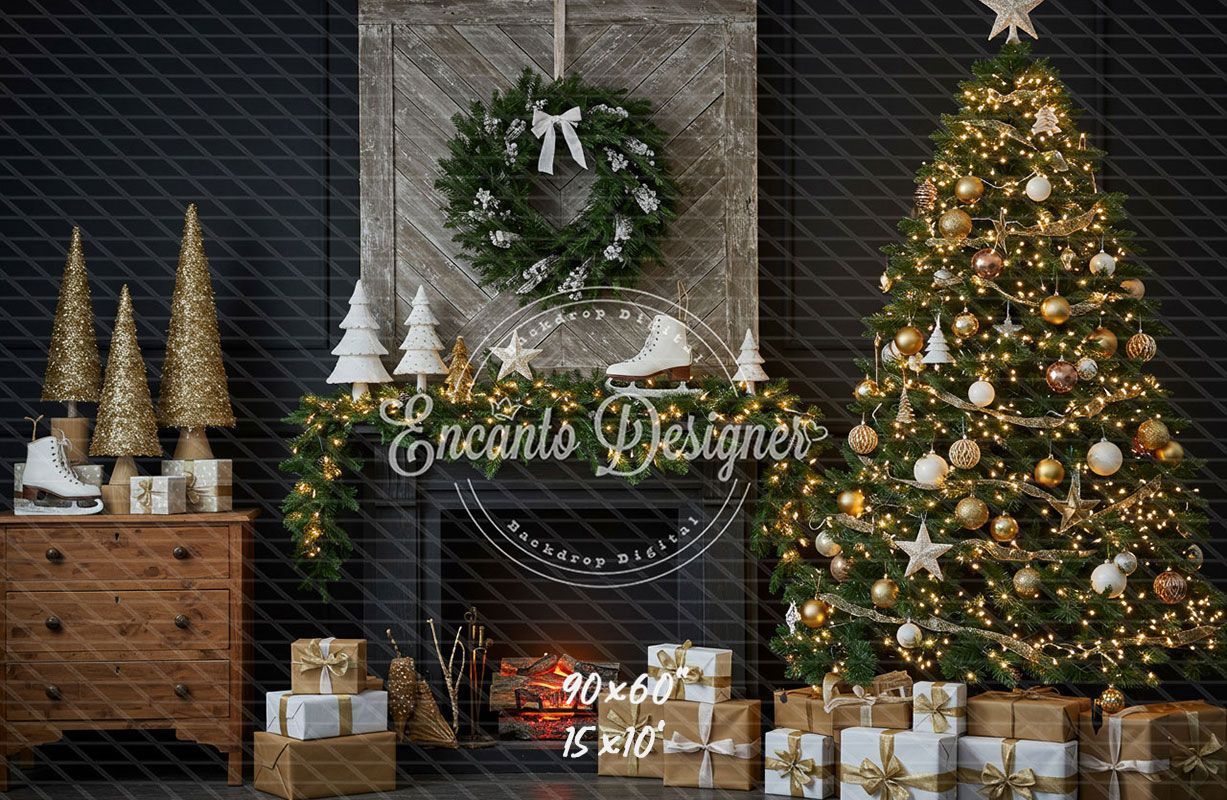 Fireplace Wreaths Ice Skates Christmas Backdrop - Layoris