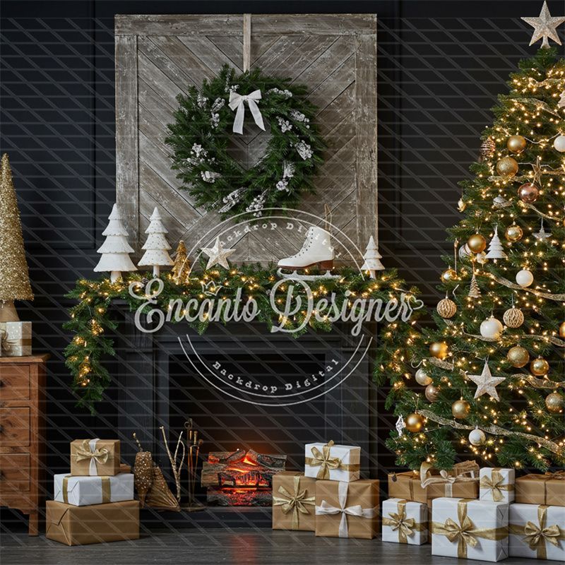 Fireplace Wreaths Ice Skates Christmas Backdrop - Layoris