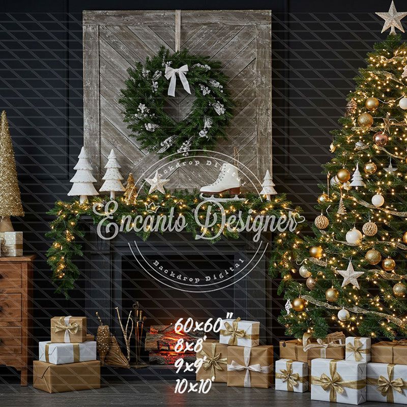 Fireplace Wreaths Ice Skates Christmas Backdrop - Layoris