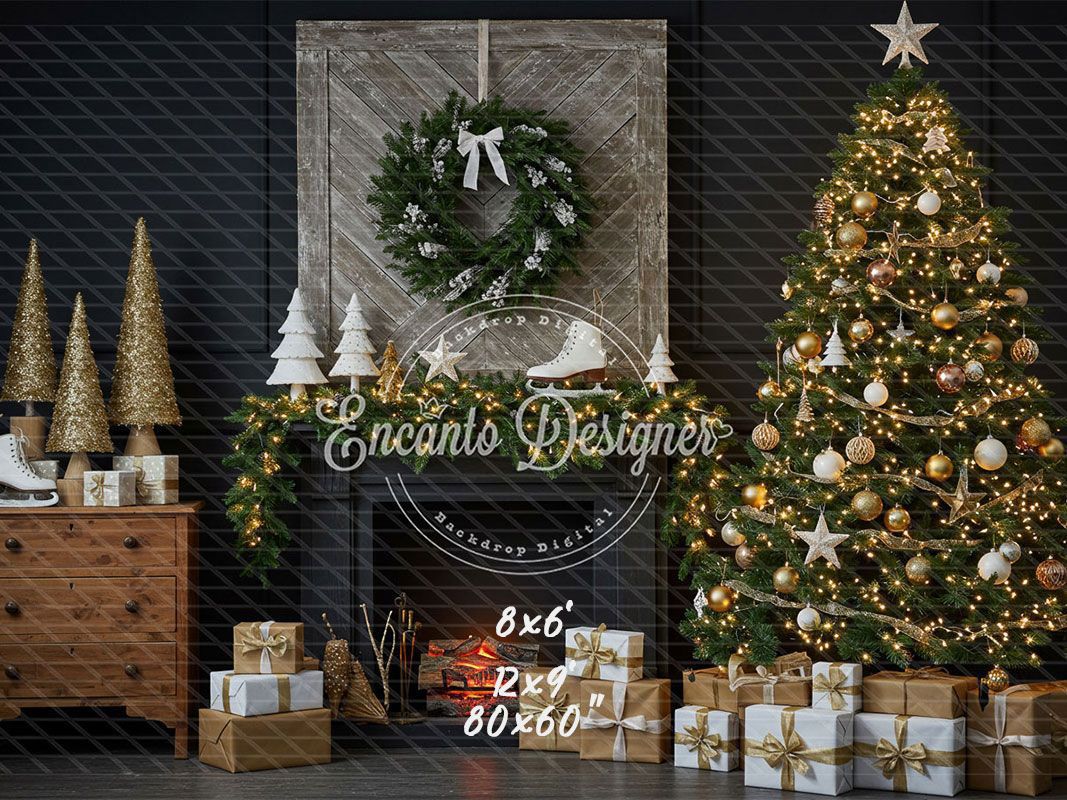 Fireplace Wreaths Ice Skates Christmas Backdrop - Layoris