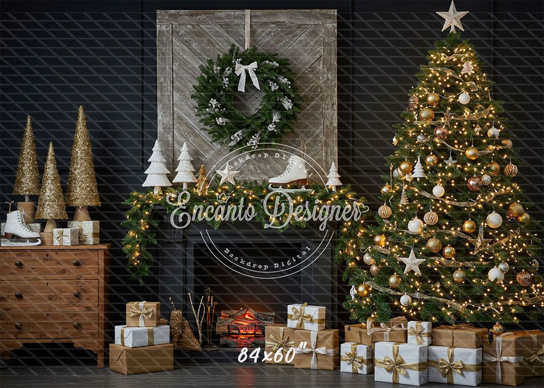 Fireplace Wreaths Ice Skates Christmas Backdrop - Layoris