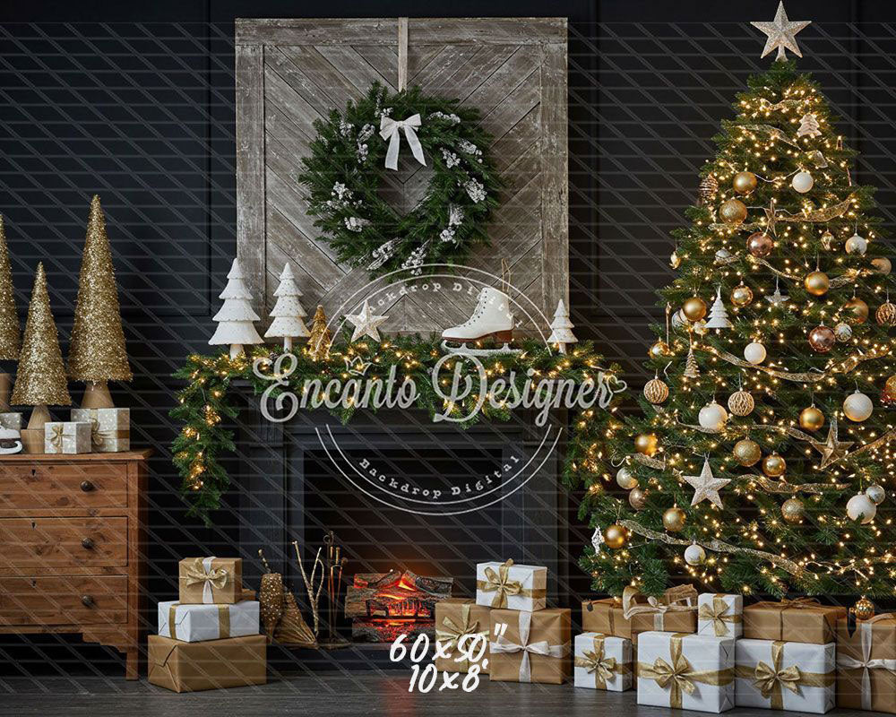 Fireplace Wreaths Ice Skates Christmas Backdrop - Layoris