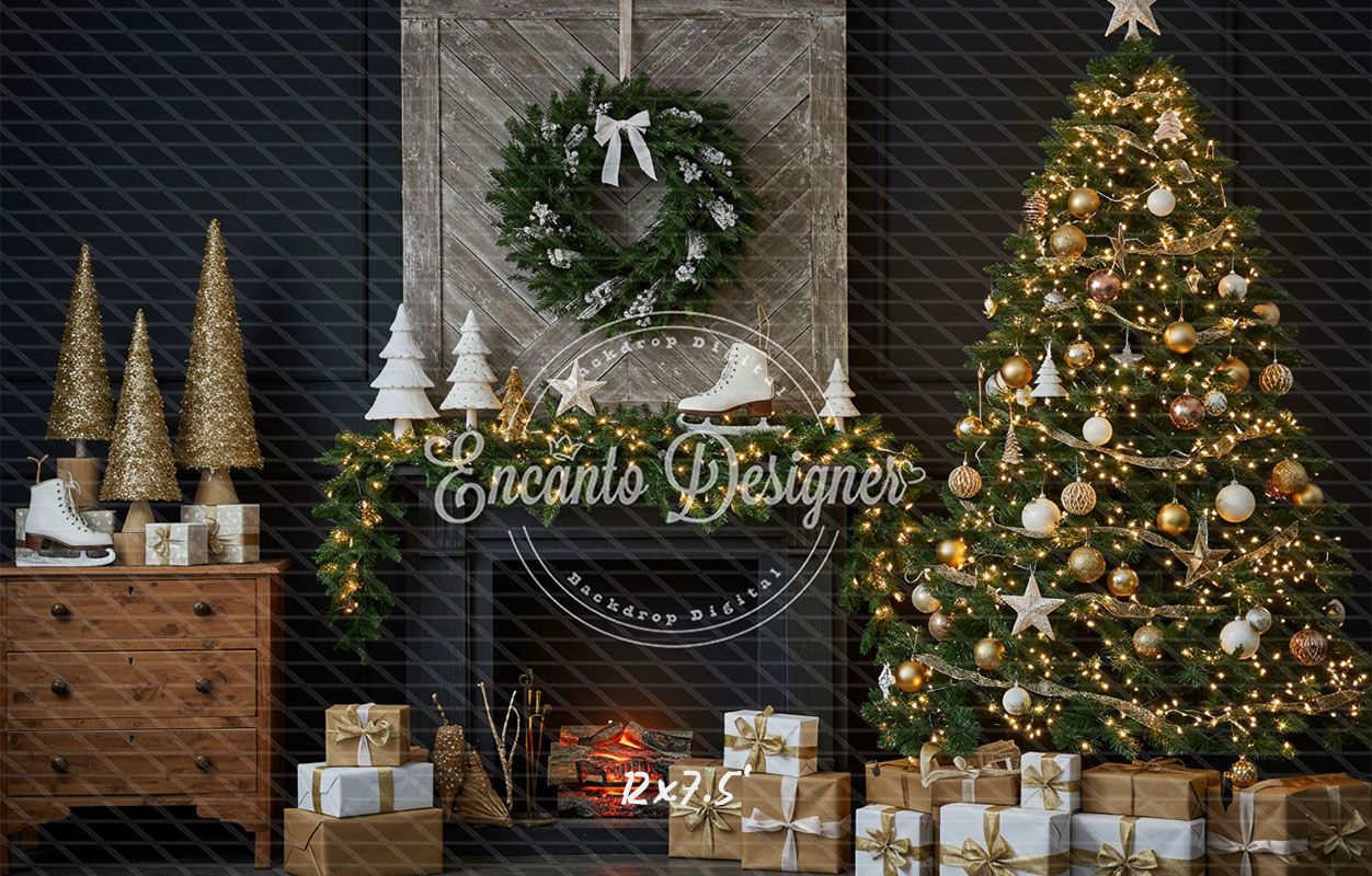 Fireplace Wreaths Ice Skates Christmas Backdrop - Layoris
