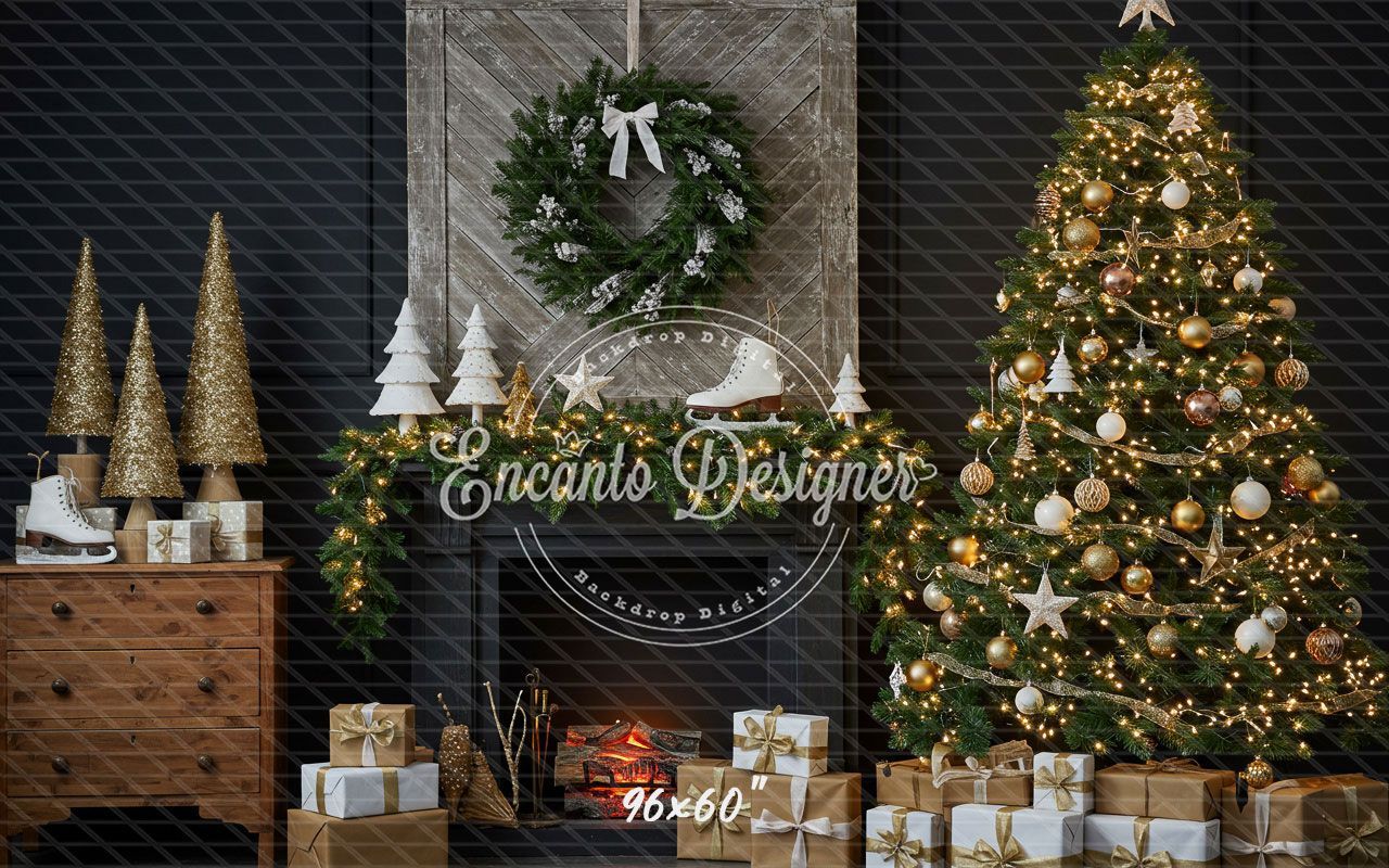 Fireplace Wreaths Ice Skates Christmas Backdrop - Layoris