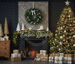 Fireplace Wreaths Ice Skates Christmas Backdrop - Layoris