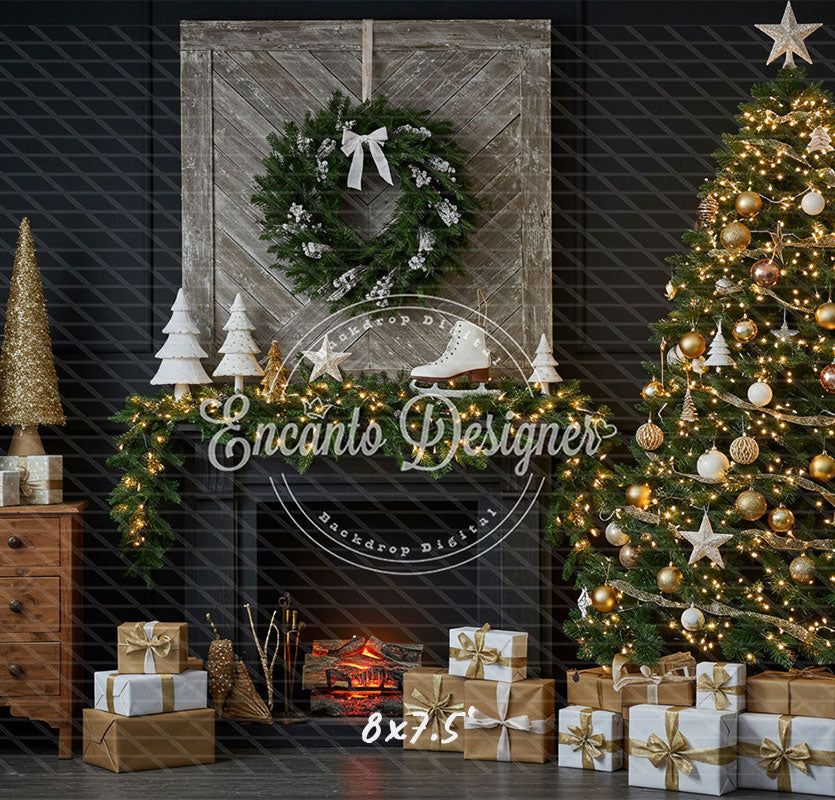 Fireplace Wreaths Ice Skates Christmas Backdrop - Layoris