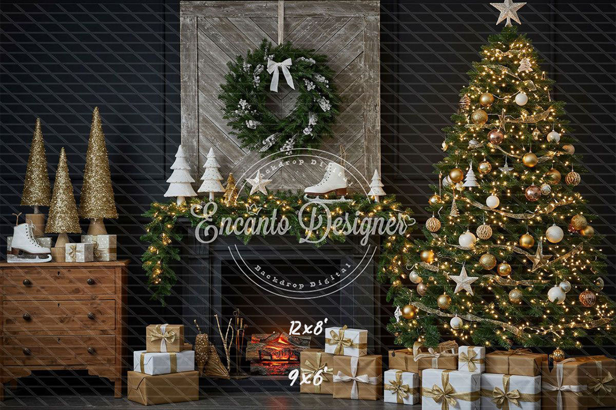 Fireplace Wreaths Ice Skates Christmas Backdrop - Layoris