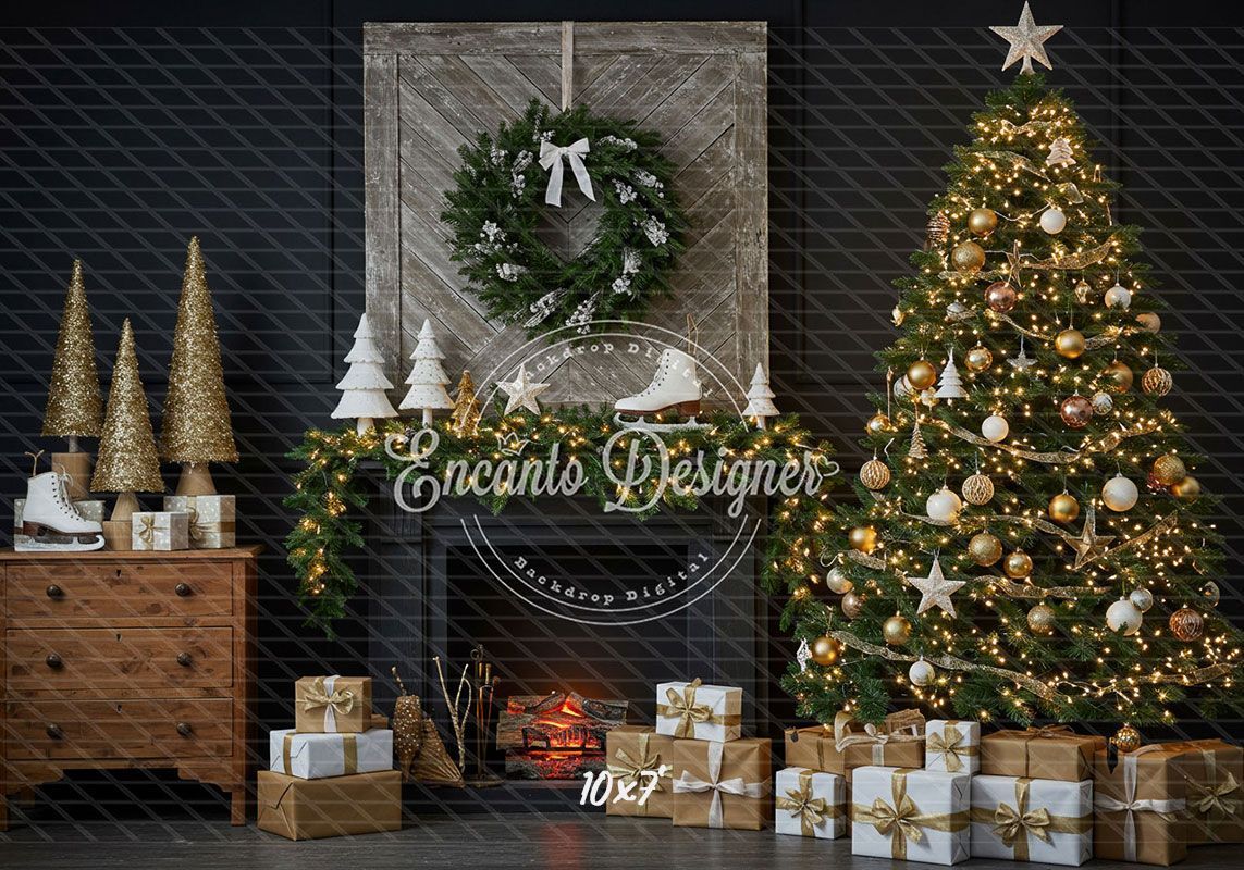 Fireplace Wreaths Ice Skates Christmas Backdrop - Layoris