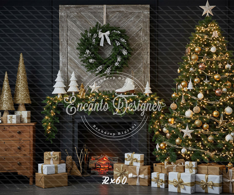 Fireplace Wreaths Ice Skates Christmas Backdrop - Layoris
