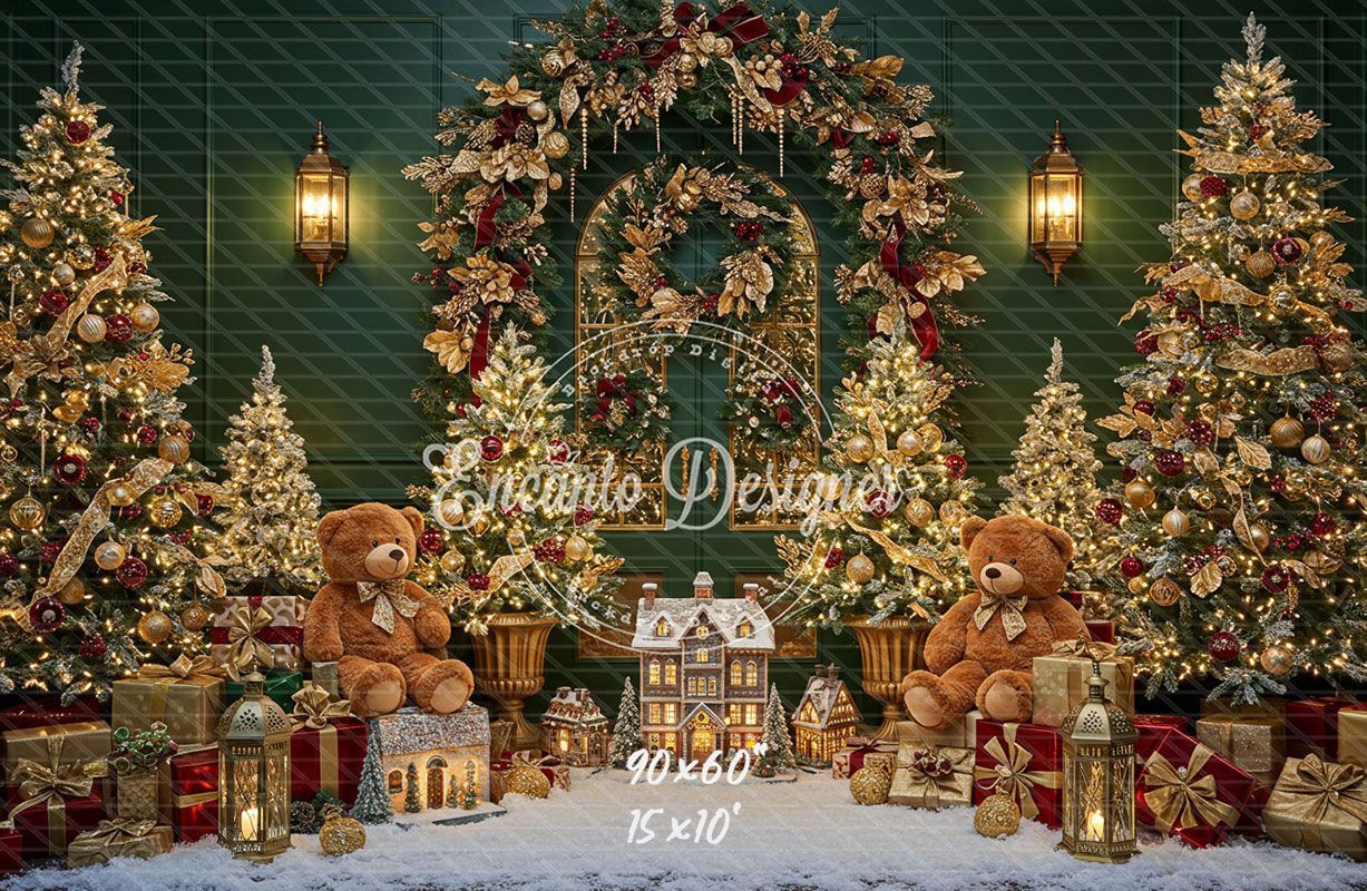 Golden Arch Wreath Teddy Bears Christmas Backdrop - Layoris