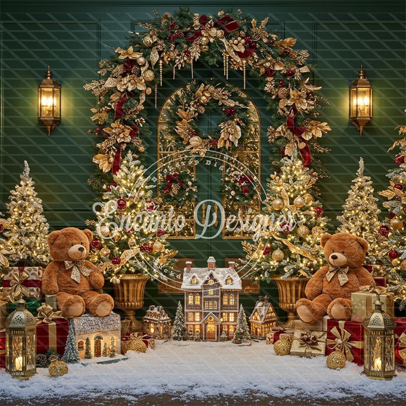 Golden Arch Wreath Teddy Bears Christmas Backdrop - Layoris