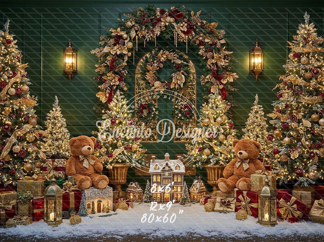 Golden Arch Wreath Teddy Bears Christmas Backdrop - Layoris