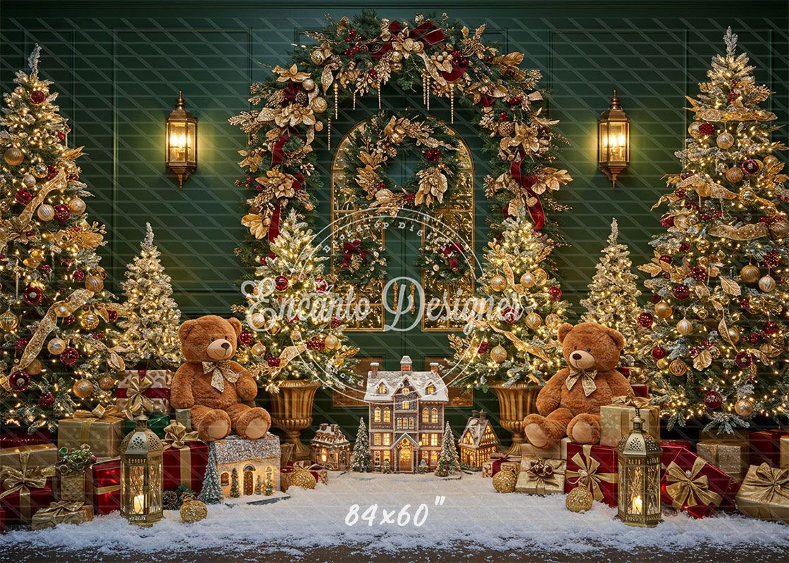 Golden Arch Wreath Teddy Bears Christmas Backdrop - Layoris