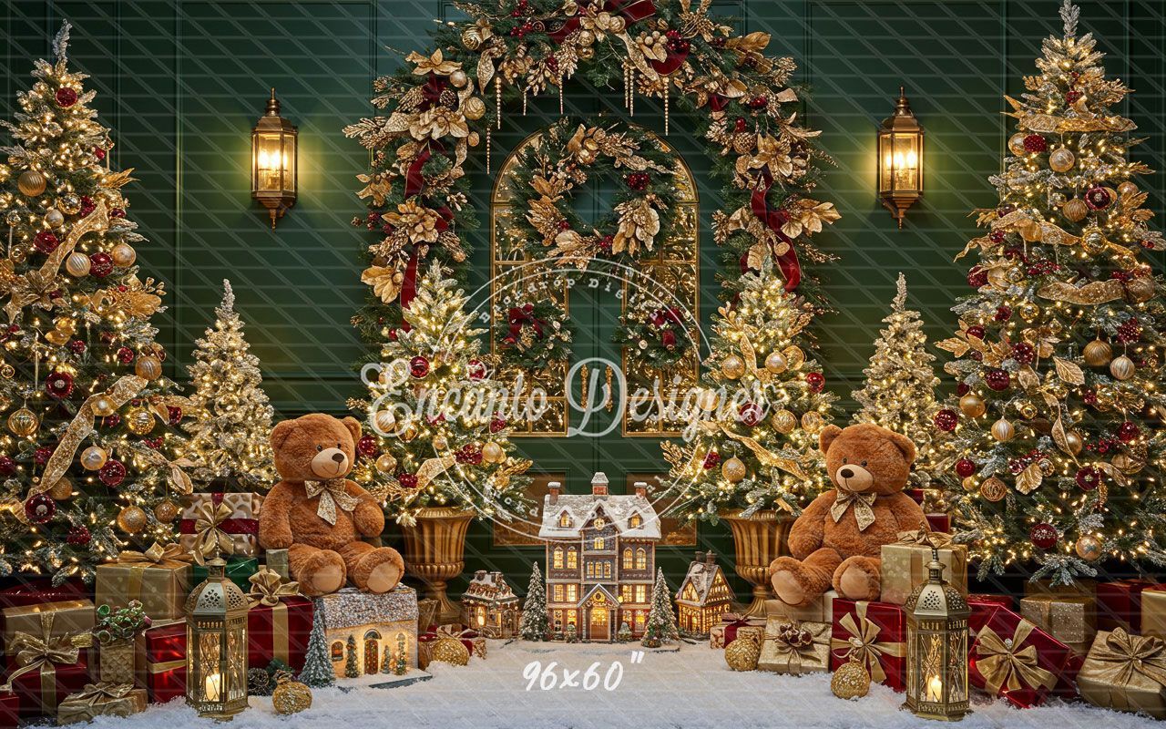 Golden Arch Wreath Teddy Bears Christmas Backdrop - Layoris
