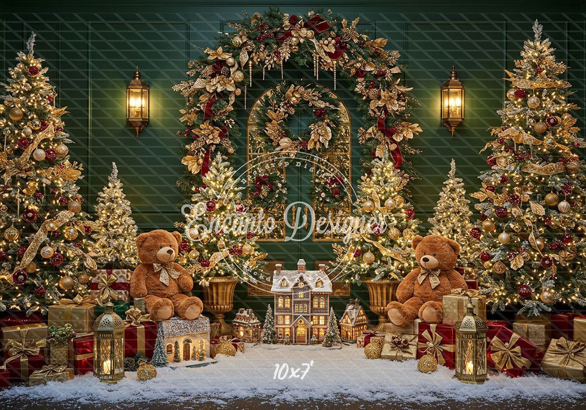 Golden Arch Wreath Teddy Bears Christmas Backdrop - Layoris
