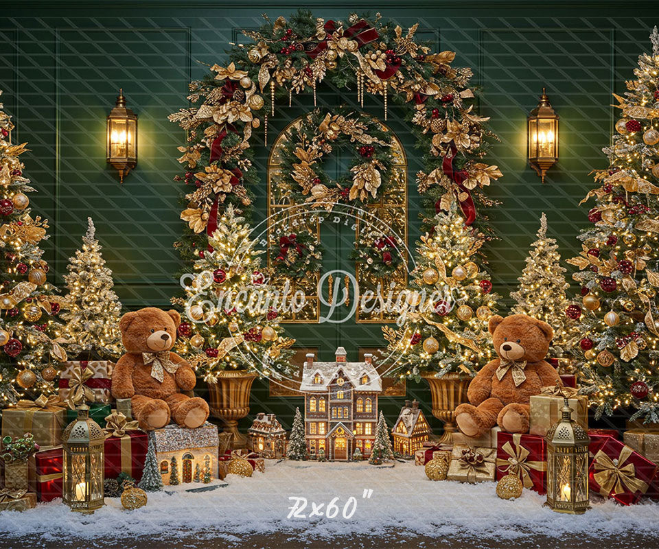 Golden Arch Wreath Teddy Bears Christmas Backdrop - Layoris