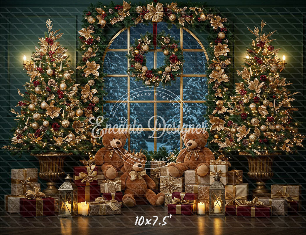 Arched Window Wreath Teddy Bears Gifts Christmas Backdrop - Layoris