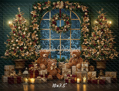 Arched Window Wreath Teddy Bears Gifts Christmas Backdrop - Layoris