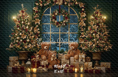 Arched Window Wreath Teddy Bears Gifts Christmas Backdrop - Layoris