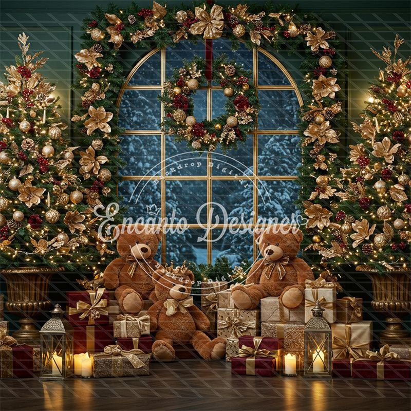 Arched Window Wreath Teddy Bears Gifts Christmas Backdrop - Layoris