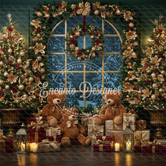 Arched Window Wreath Teddy Bears Gifts Christmas Backdrop - Layoris