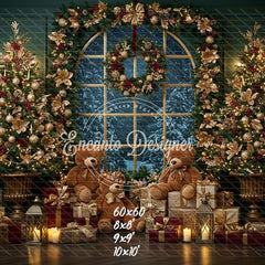 Arched Window Wreath Teddy Bears Gifts Christmas Backdrop - Layoris