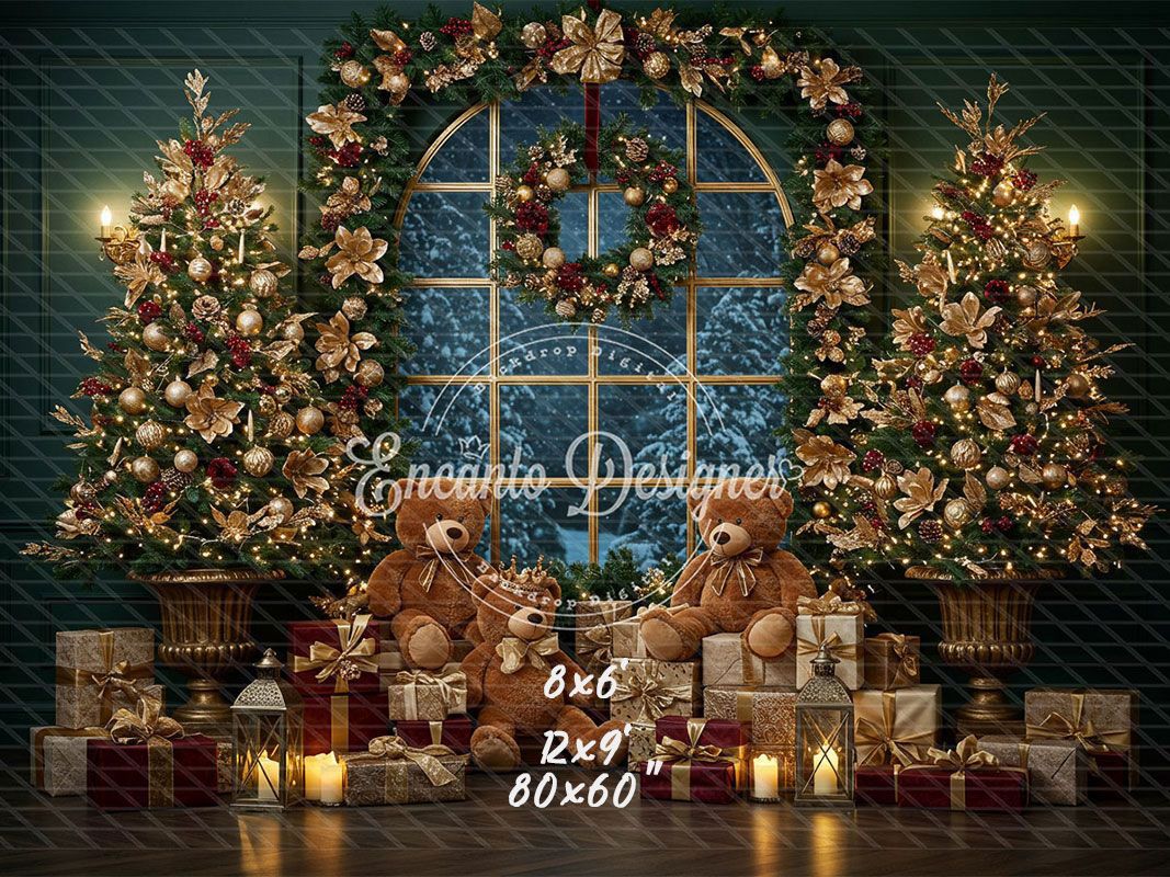Arched Window Wreath Teddy Bears Gifts Christmas Backdrop - Layoris