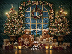 Arched Window Wreath Teddy Bears Gifts Christmas Backdrop - Layoris