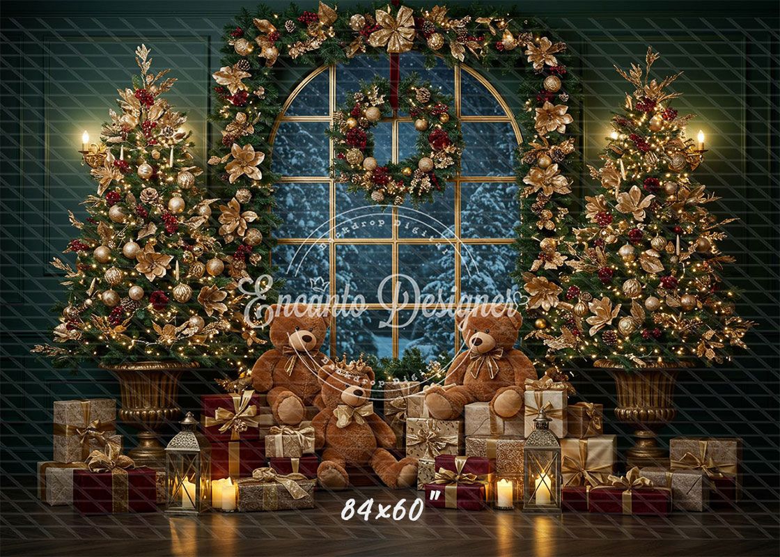 Arched Window Wreath Teddy Bears Gifts Christmas Backdrop - Layoris
