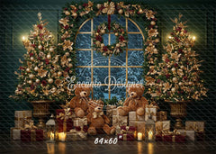 Arched Window Wreath Teddy Bears Gifts Christmas Backdrop - Layoris