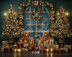 Arched Window Wreath Teddy Bears Gifts Christmas Backdrop - Layoris
