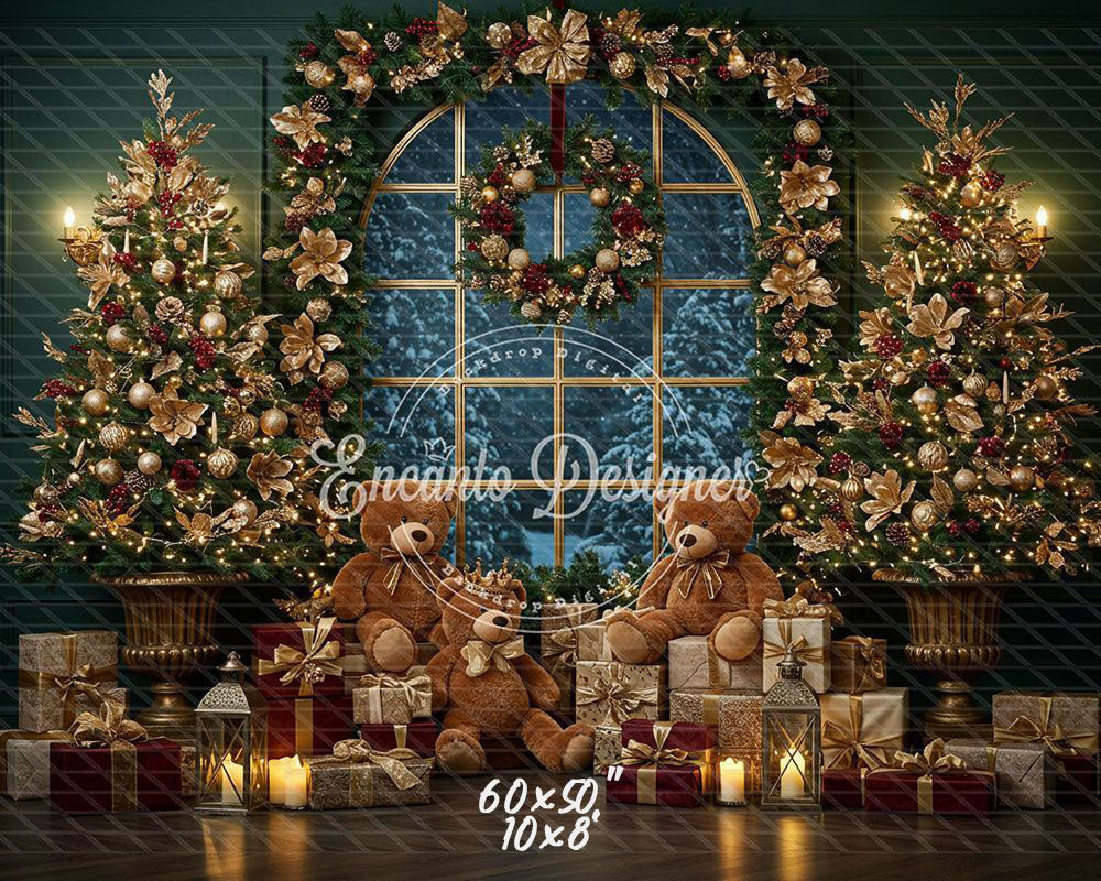 Arched Window Wreath Teddy Bears Gifts Christmas Backdrop - Layoris