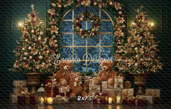 Arched Window Wreath Teddy Bears Gifts Christmas Backdrop - Layoris