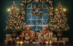 Arched Window Wreath Teddy Bears Gifts Christmas Backdrop - Layoris