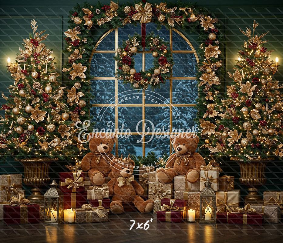 Arched Window Wreath Teddy Bears Gifts Christmas Backdrop - Layoris
