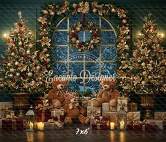 Arched Window Wreath Teddy Bears Gifts Christmas Backdrop - Layoris