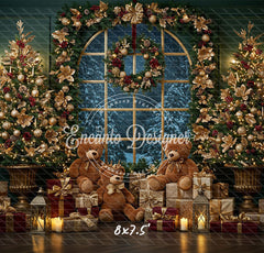 Arched Window Wreath Teddy Bears Gifts Christmas Backdrop - Layoris