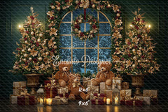 Arched Window Wreath Teddy Bears Gifts Christmas Backdrop - Layoris