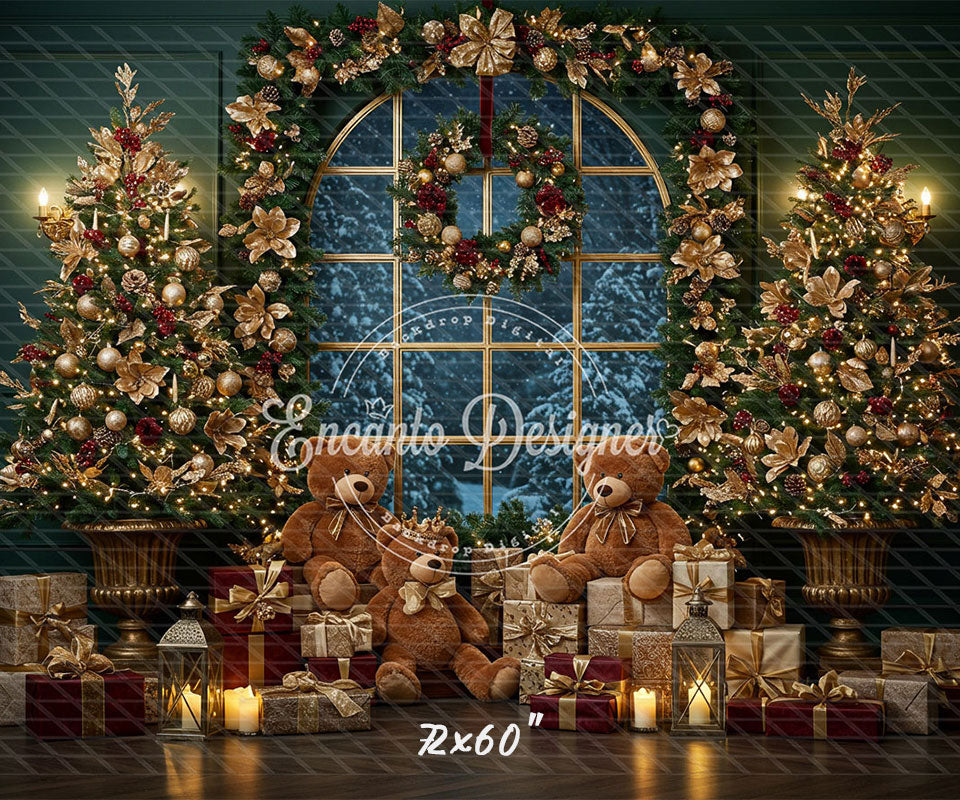 Arched Window Wreath Teddy Bears Gifts Christmas Backdrop - Layoris