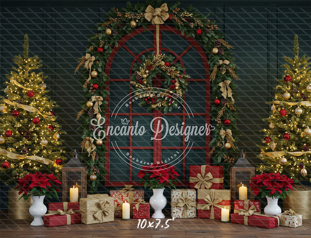Red Arched Window Wreath Gifts Christmas Backdrop - Layoris