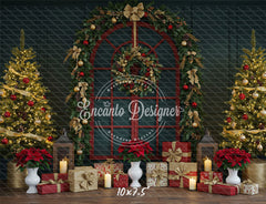 Red Arched Window Wreath Gifts Christmas Backdrop - Layoris