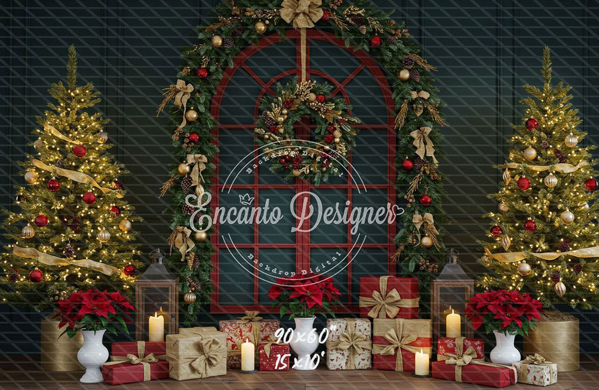 Red Arched Window Wreath Gifts Christmas Backdrop - Layoris