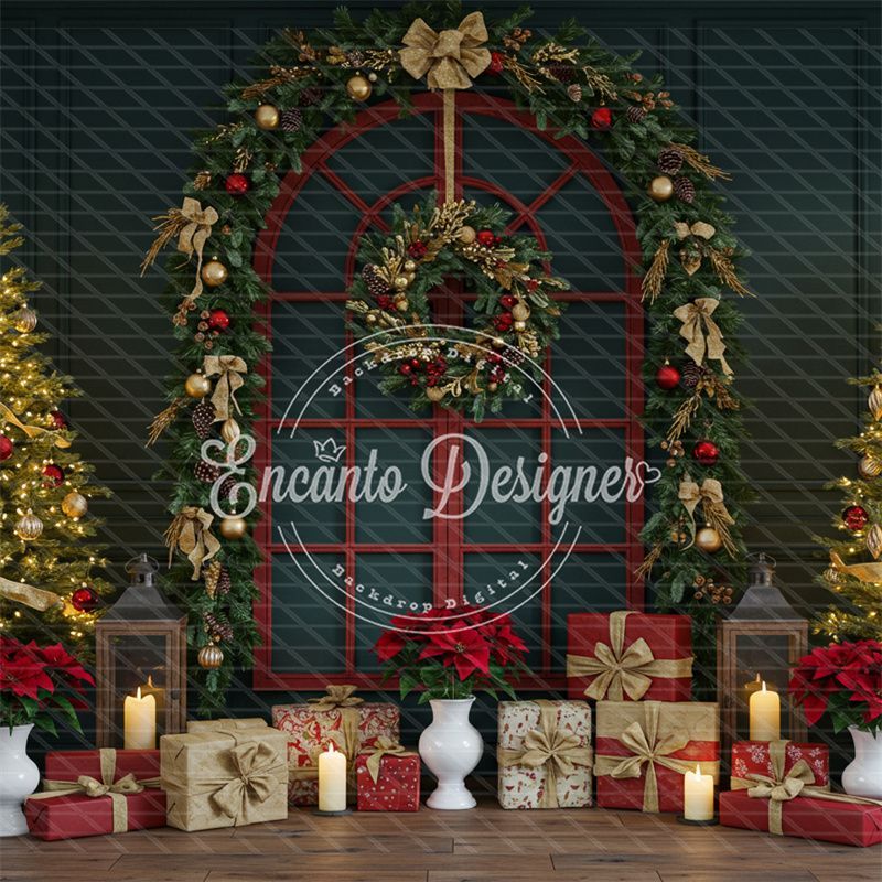 Red Arched Window Wreath Gifts Christmas Backdrop - Layoris