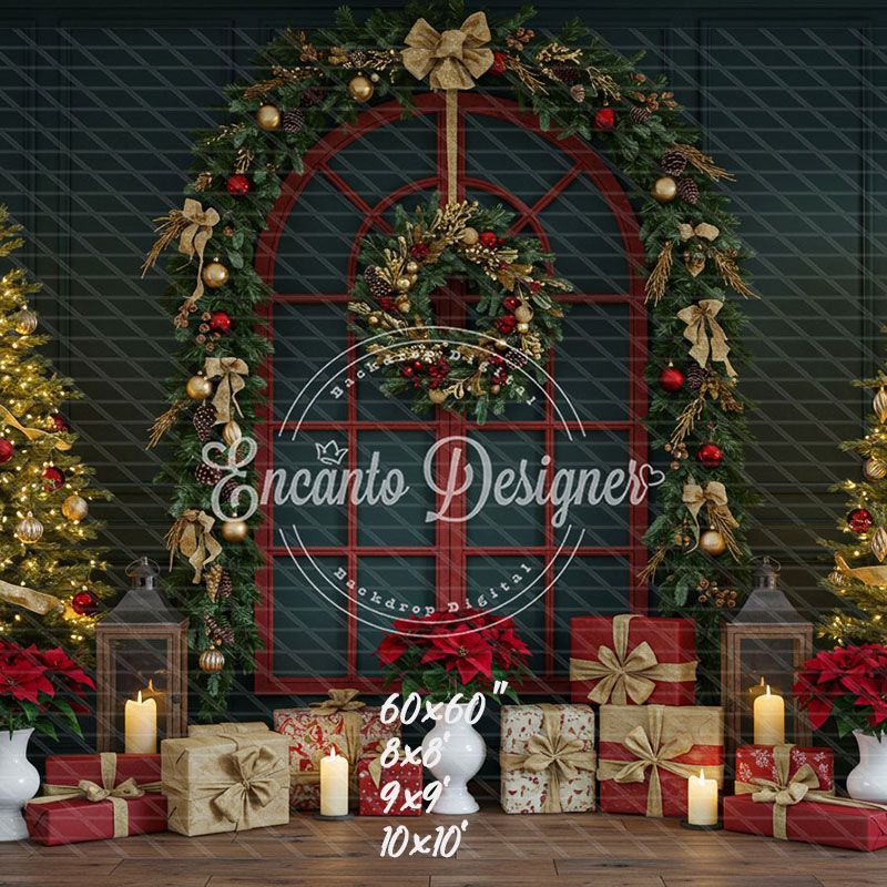 Red Arched Window Wreath Gifts Christmas Backdrop - Layoris