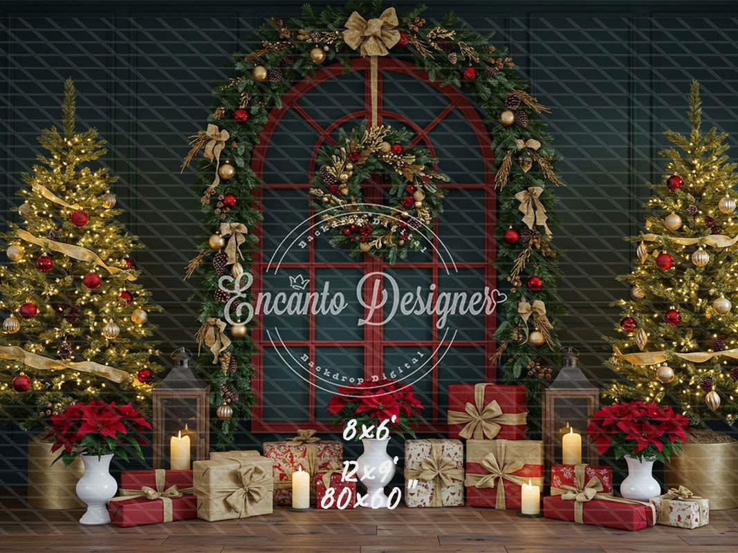 Red Arched Window Wreath Gifts Christmas Backdrop - Layoris