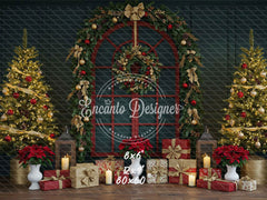 Red Arched Window Wreath Gifts Christmas Backdrop - Layoris