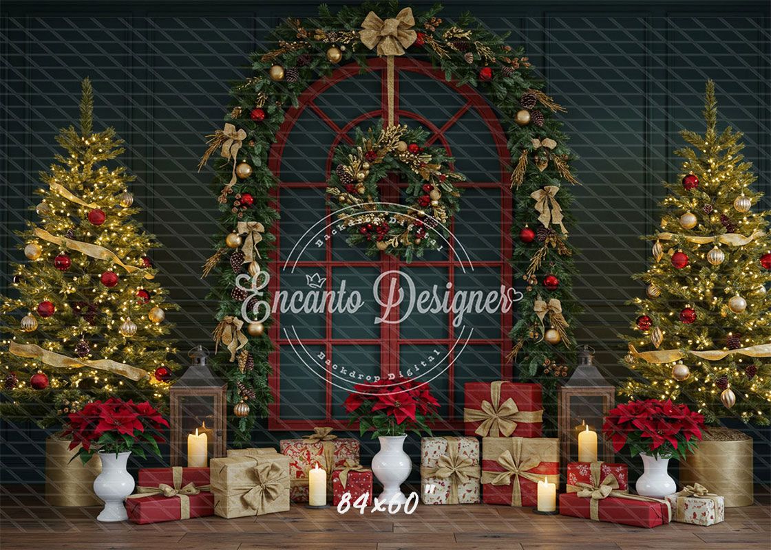 Red Arched Window Wreath Gifts Christmas Backdrop - Layoris